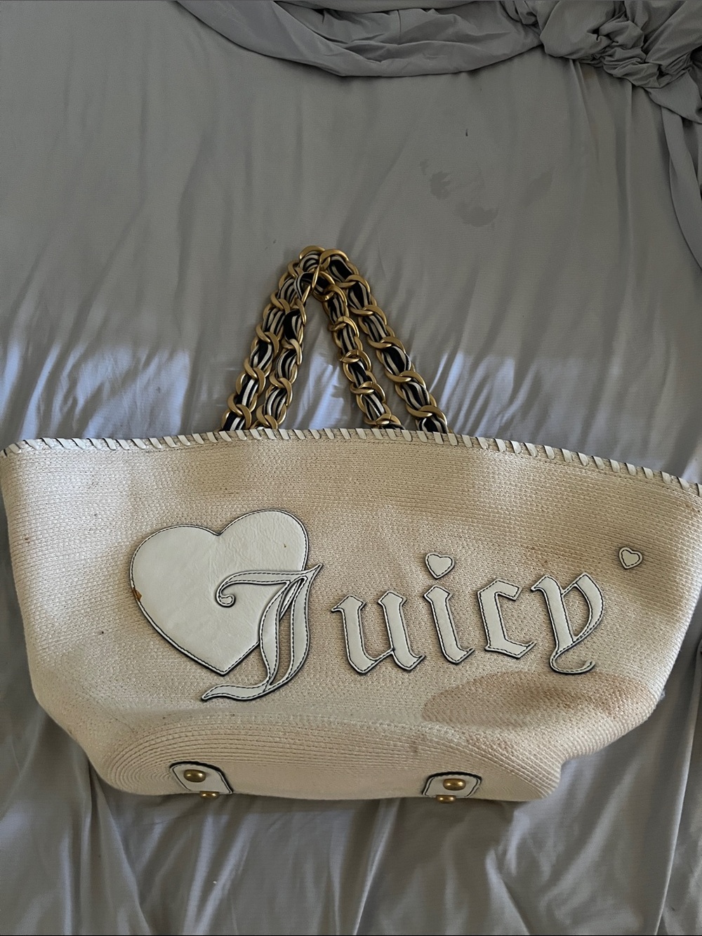 Juicy Couture Cream Straw Tote with Gold Chain Handles and Heart Logo